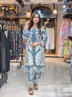 digital printed white and blue salwar kameez set