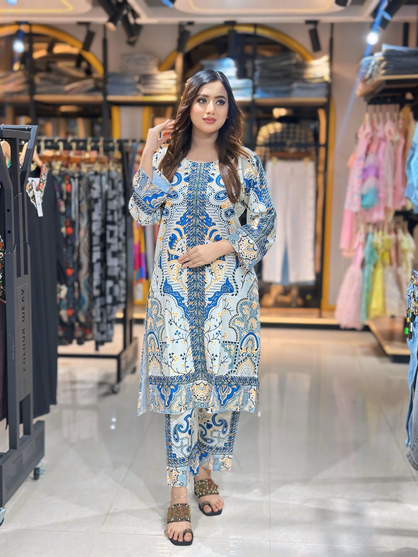 IMG_2586.JPG digital printed white and blue salwar kameez set - Image 1