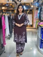 WINE PETALS COTTON A LINE KURTA PALAZZO SET