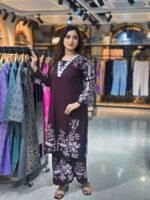 WINE PETALS COTTON A LINE KURTA PALAZZO SET - Image 2
