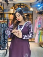 WINE PETALS COTTON A LINE KURTA PALAZZO SET - Image 4