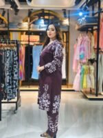WINE PETALS COTTON A LINE KURTA PALAZZO SET - Image 5
