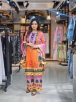vibrant orange and pink printed lawn