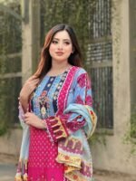 brightly patterned magenta and brown lawn three-piece suit - Image 3