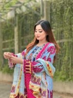 brightly patterned magenta and brown lawn three-piece suit - Image 4