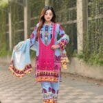 brightly patterned magenta and brown lawn three-piece suit