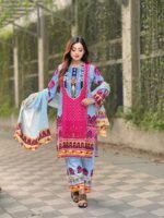 brightly patterned magenta and brown lawn three-piece suit - Image 5