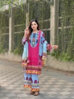 brightly patterned magenta and brown lawn three-piece suit - Image 6
