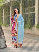 brightly patterned magenta and brown lawn three-piece suit