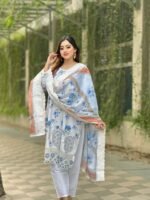 printed lawn suit featuring a blue floral design - Image 2