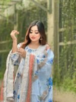 printed lawn suit featuring a blue floral design - Image 4