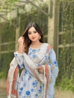 printed lawn suit featuring a blue floral design - Image 7