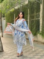 printed lawn suit featuring a blue floral design - Image 6