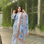 printed lawn suit featuring a blue floral design