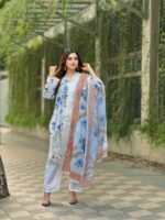 printed lawn suit featuring a blue floral design