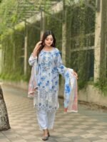 printed lawn suit featuring a blue floral design - Image 3