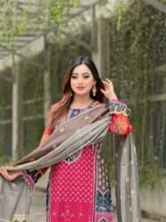 digital print salwar suit featuring a vibrant red tunic, patterned trousers, and a coordinating scarf - Image 3