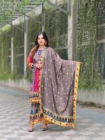 digital print salwar suit featuring a vibrant red tunic, patterned trousers, and a coordinating scarf - Image 4