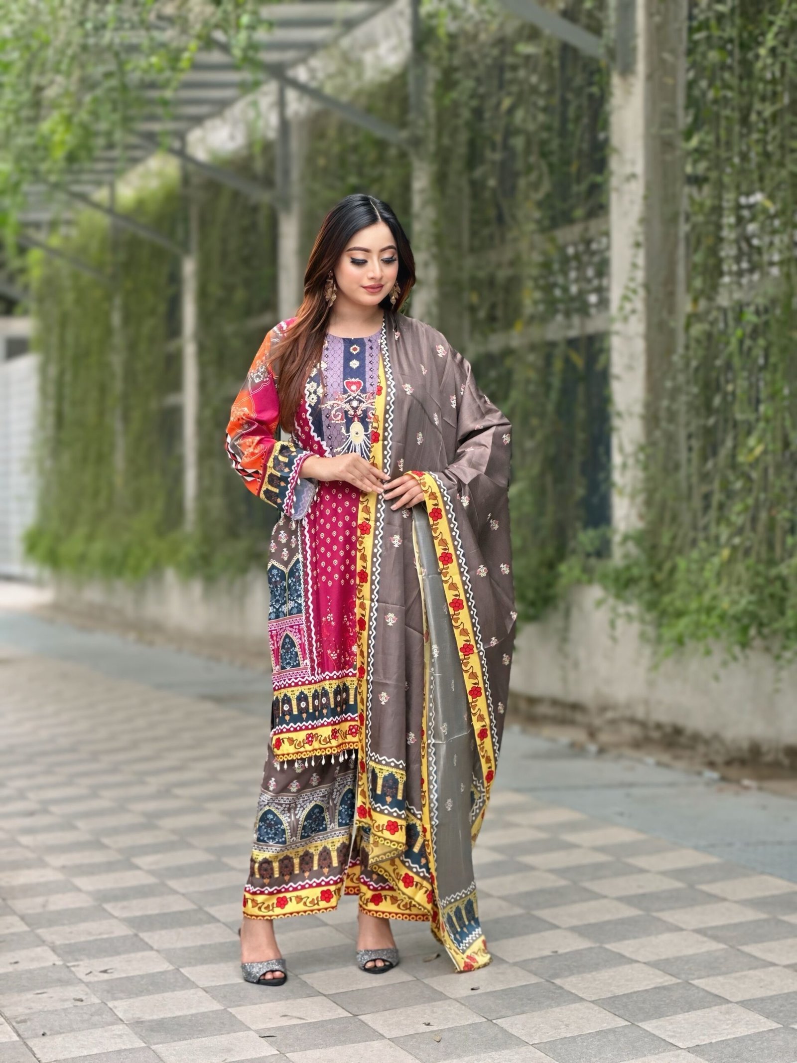 IMG_3504.JPG digital print salwar suit featuring a vibrant red tunic, patterned trousers, and a coordinating scarf - Image 1