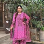 pink Pakistani-inspired three-piece suit featuring intricate embroidery