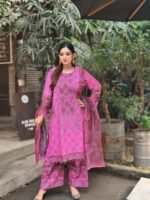 pink Pakistani-inspired three-piece suit featuring intricate embroidery