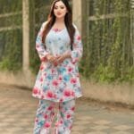 co-ord set in a light blue hue with pink and blue flower