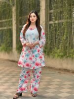co-ord set in a light blue hue with pink and blue flower - Image 6