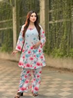 co-ord set in a light blue hue with pink and blue flower - Image 3