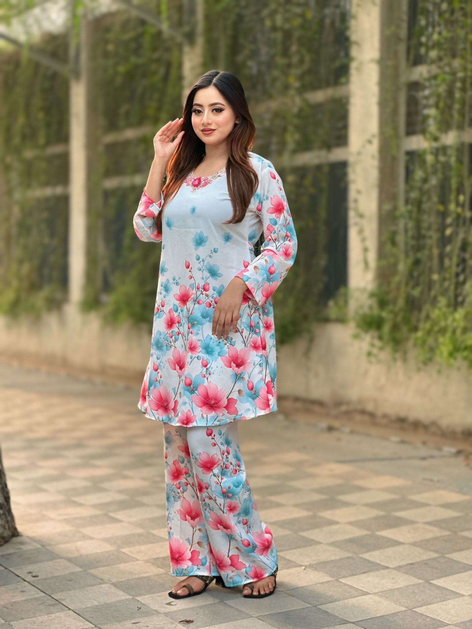 IMG_3570.JPG co-ord set in a light blue hue with pink and blue flower - Image 1