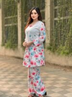 co-ord set in a light blue hue with pink and blue flower - Image 4