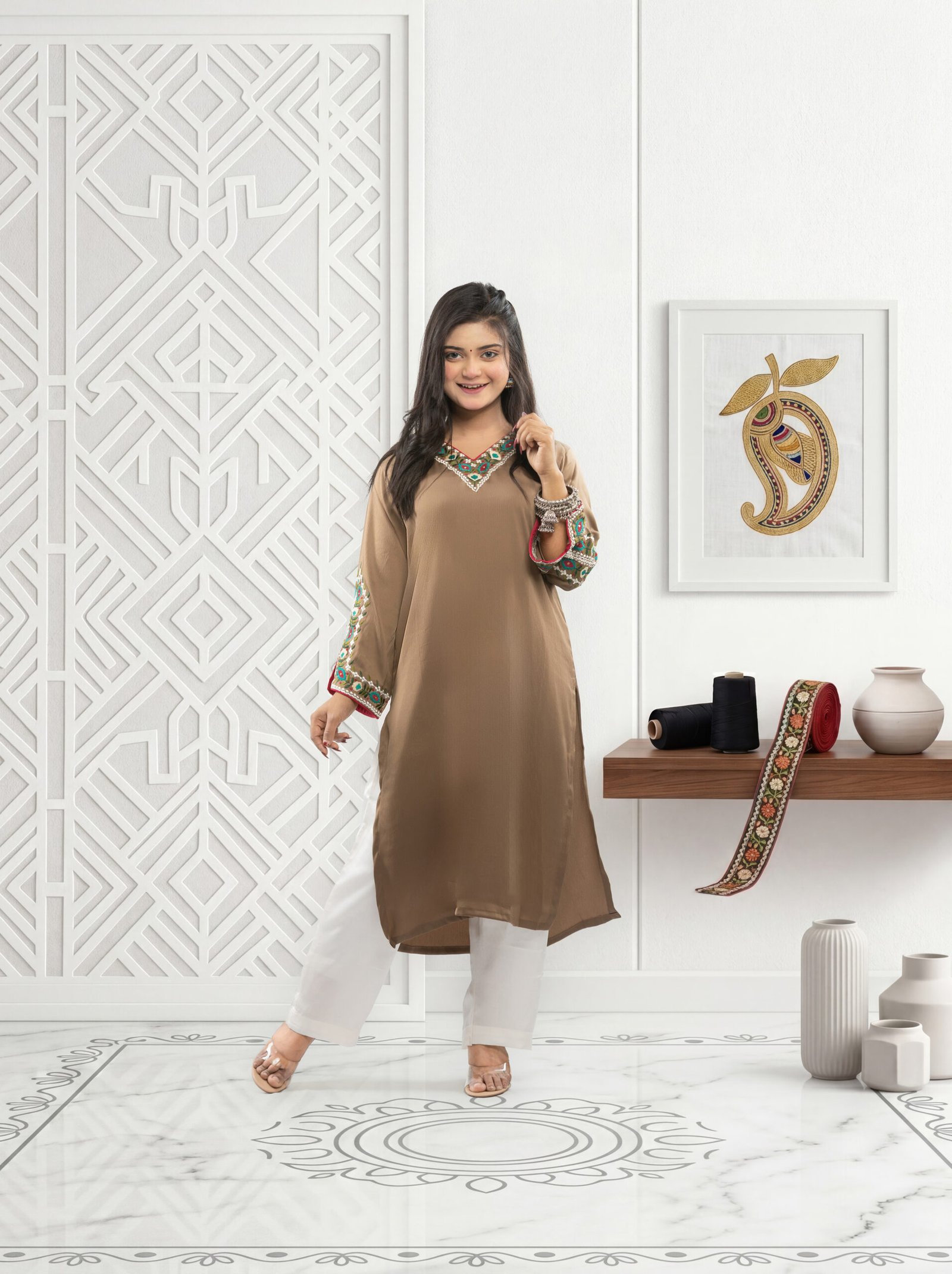 IMG_6470_A silk two-piece suit featuring vibrant neckline and sleeve embroidery - Image 1
